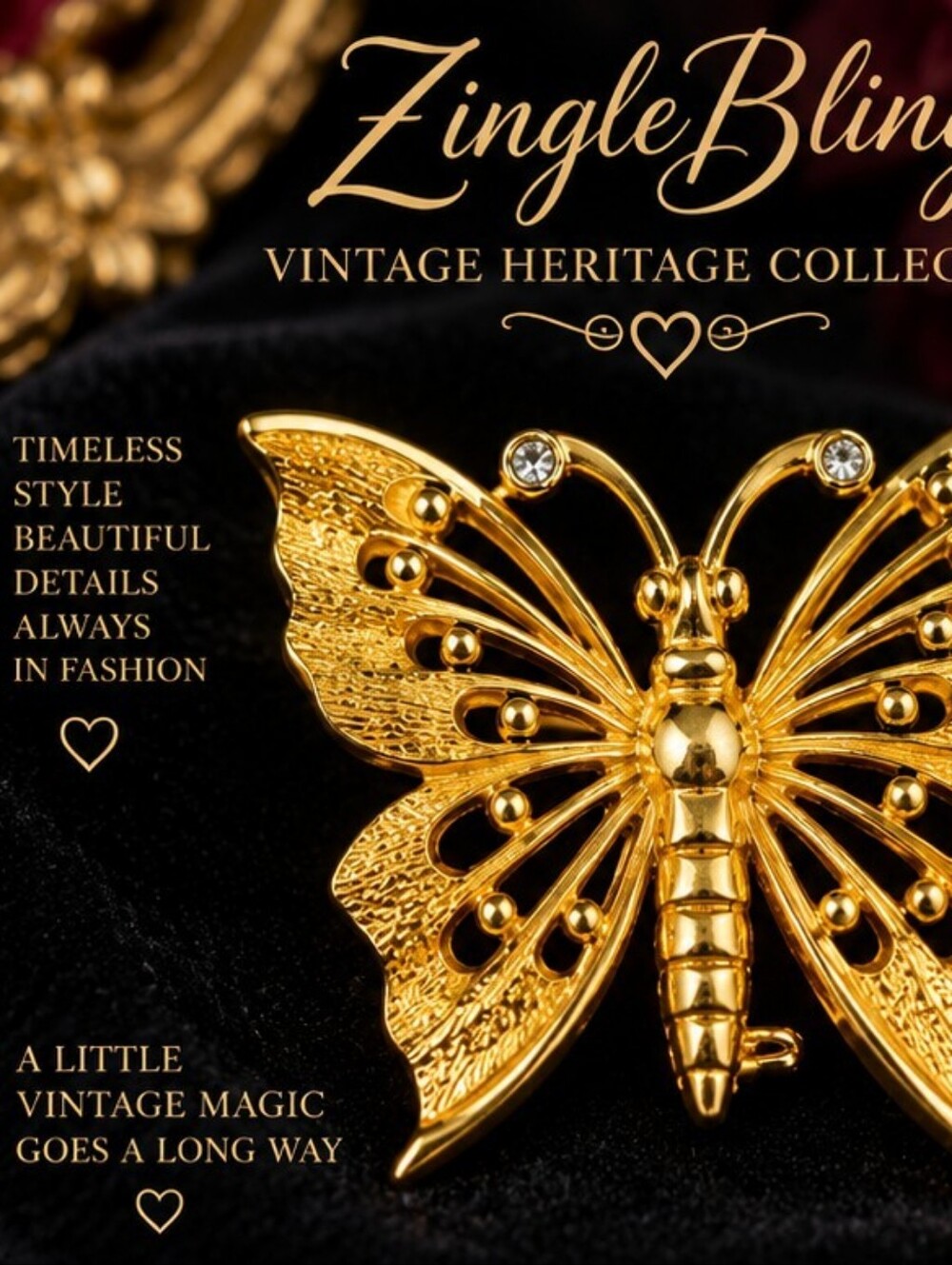Vintage CATHE Signed Gold Tone Butterfly Rhinestone Statement Brooch